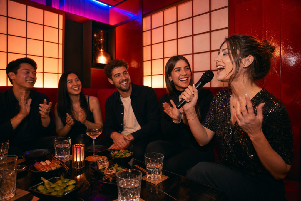 Gruppo di amici che canta al karaoke privato a Verona – sala riservata della Karaoke Experience